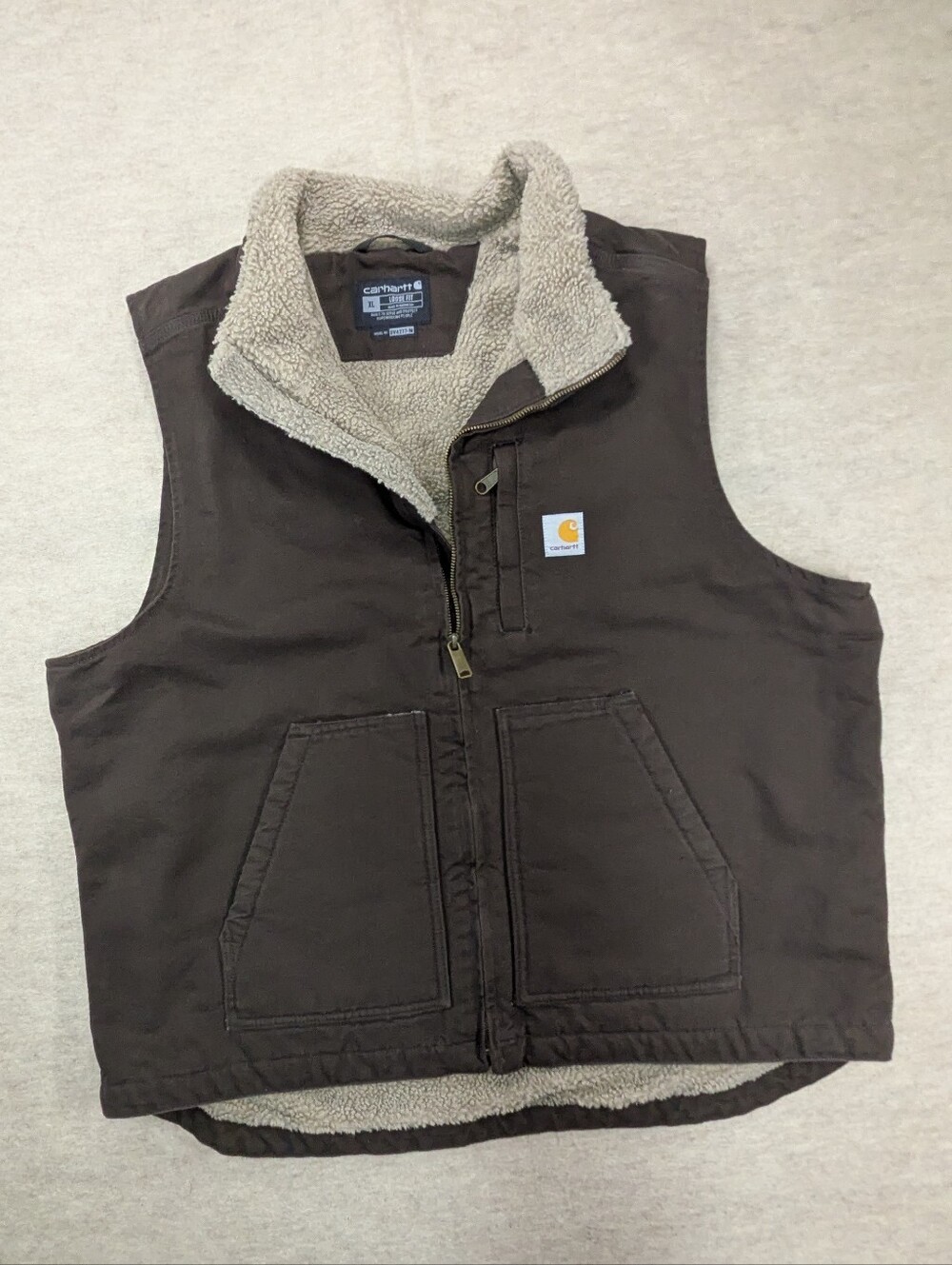 Carhartt Brown Duck Canvas Sherpa Lined Work Zip Vest XL Layering Country